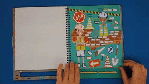Illustrated worksheet in rainbow fairy foil & play book, featuring construction theme with hands and colorful designs.