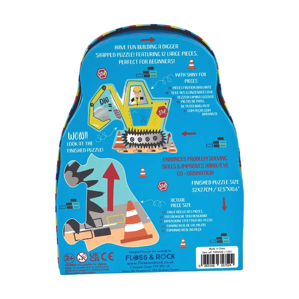 Floss and Rock Construction shaped jigsaw puzzle box back, showcasing educational features and colorful design.