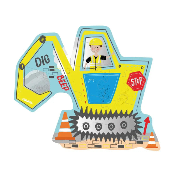 Cute construction-shaped jigsaw puzzle featuring a digger and worker, designed for little hands to explore and learn.
