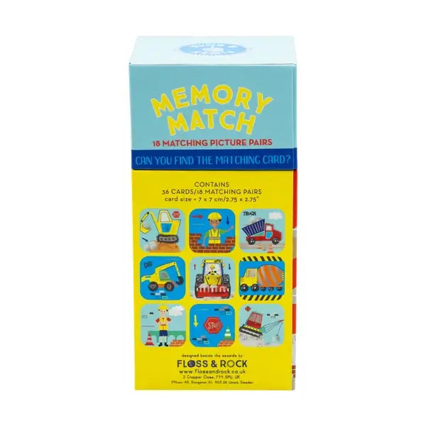Floss and Rock Construction Memory Match Game box, featuring 36 colorful cards and fun construction-themed images.