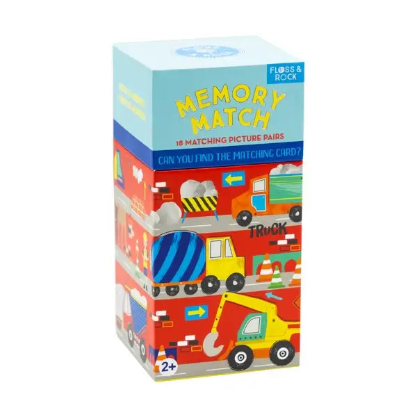 Floss and Rock Memory Match Game box featuring colorful construction vehicles and matching picture pairs for kids.
