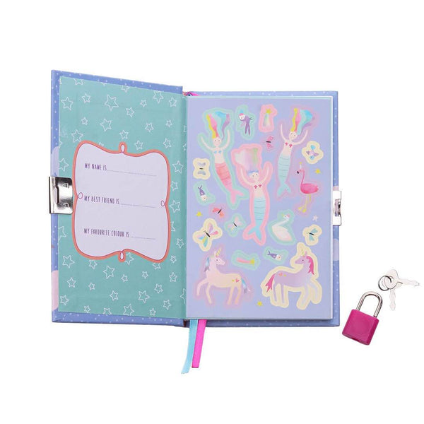 Interior of the Fantasy My Scented Secret Diary with colorful stickers, padlock, and lined pages for journaling.