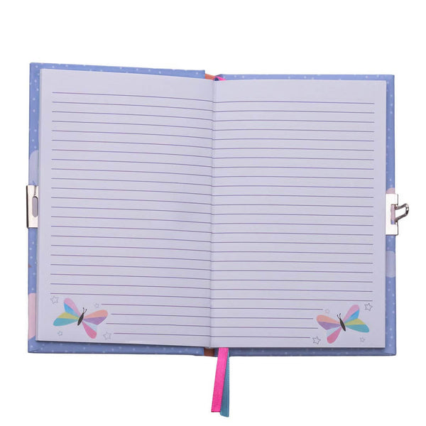 Open lined pages of a Fantasy themed scented secret diary with butterfly stickers and colorful ribbon holders.