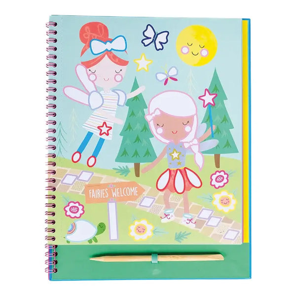Floss and Rock Rainbow Fairy Foil & Play book with illustrated pages and a wooden stylus for creative fun.