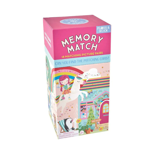 Floss and Rock Rainbow Fairy Memory Match Game box featuring colorful illustrations and matching card prompt.