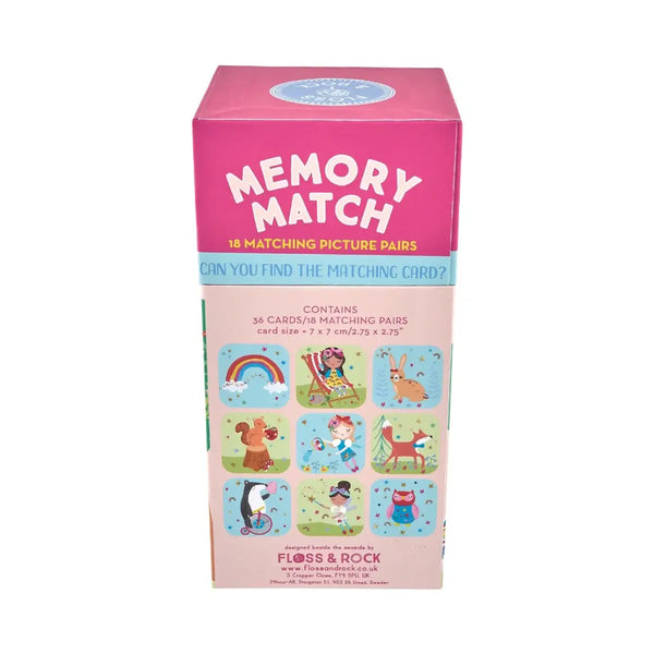 Floss and Rock Rainbow Fairy Memory Match Game box featuring colorful illustrations and 36 matching picture pairs.