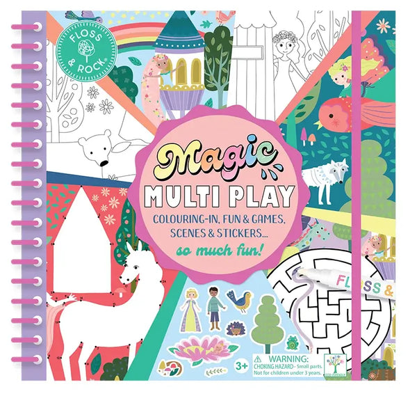 Floss and Rock Magic Multi Play book featuring coloring, stickers, games, and fun activities for kids.