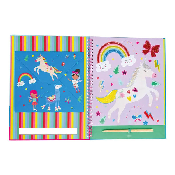 Colorful Rainbow Fairy Foil & Play book with unicorn illustrations, foiling sheets, and a wooden stylus for creative fun.