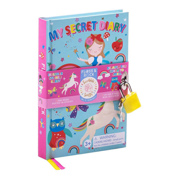 Floss and Rock Rainbow Fairy scented secret diary with lock, scratch & sniff cover, featuring unicorns and colorful ribbons.