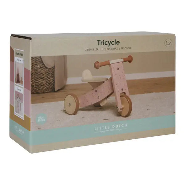 Little Dutch pink wooden tricycle packaging, perfect for kids aged 1-3, designed for fun and motor skill development.