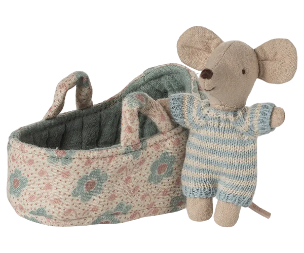 Maileg, Baby Mouse in Carry Cot - Blue