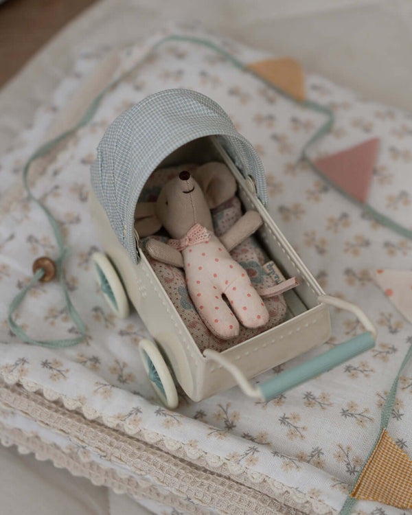 Maileg,  Pram with Baby Mouse - Mint