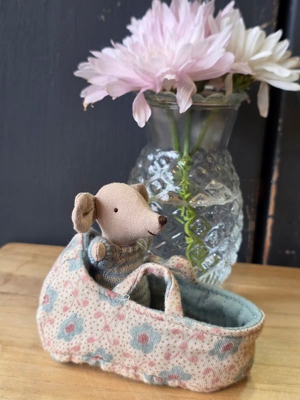 Maileg, Baby Mouse in Carry Cot - Blue