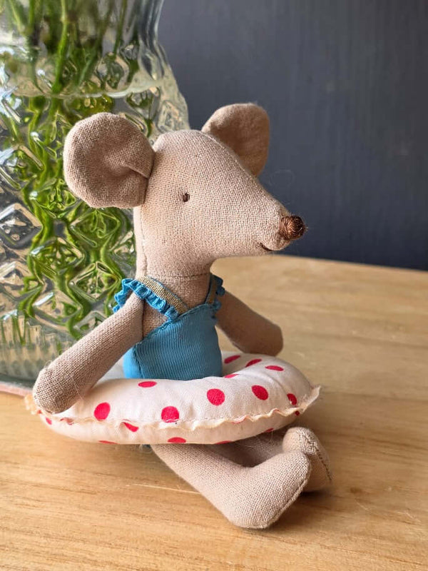 Maileg, Beach Mouse with Float, Little Sister - Red Dots