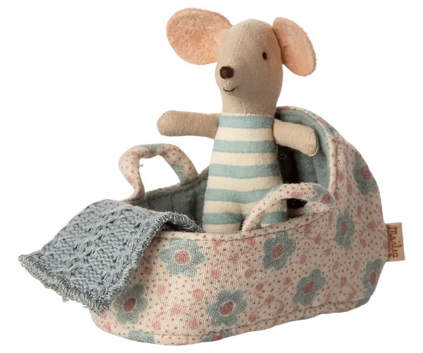 Maileg, Carry Cot, Baby Mouse - Blue