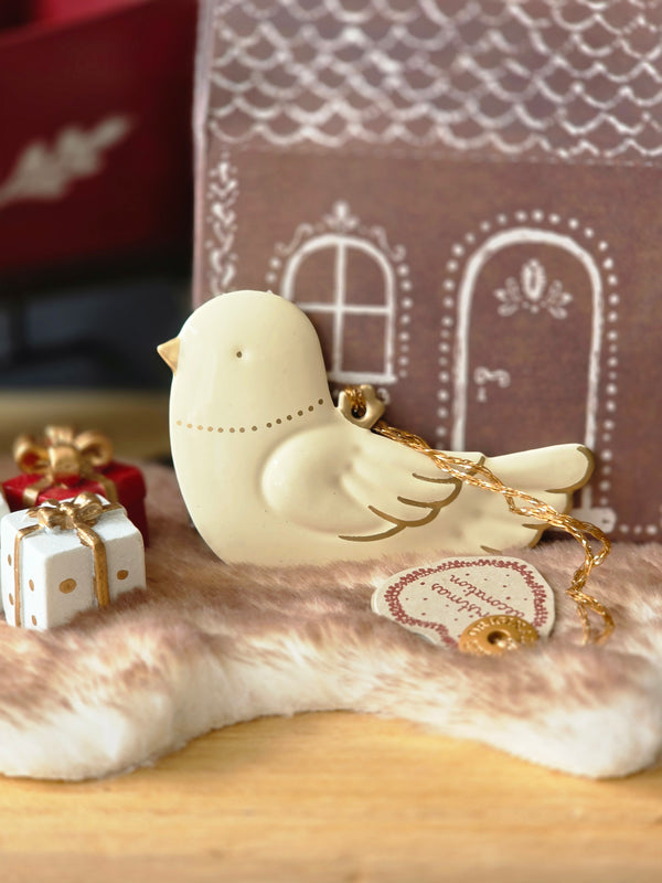Maileg,Metal Ornament, Bird - Off White/Gold