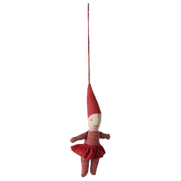 Maileg Pixy ornament girl in red dress hanging, perfect for Christmas tree or dolls house, pre-order due November.
