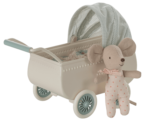 Maileg,  Pram with Baby Mouse - Mint
