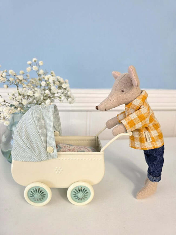 Maileg,  Pram with Baby Mouse - Mint