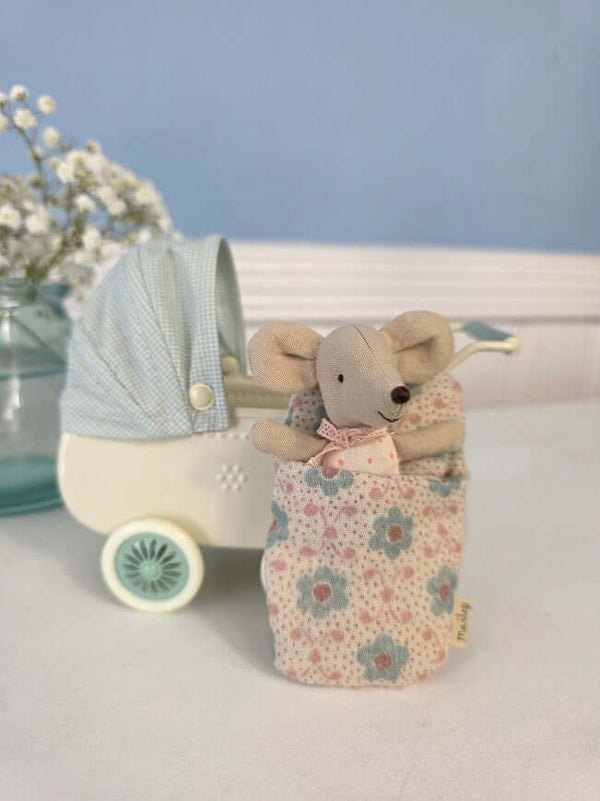 Maileg,  Pram with Baby Mouse - Mint