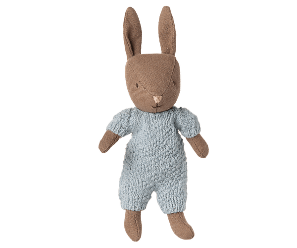 Maileg, Rabbit, Micro - Brown - Blue Knitted Suit
