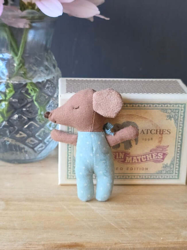 Maileg, Sleepy Wakey Baby Mouse in Matchbox - Blue