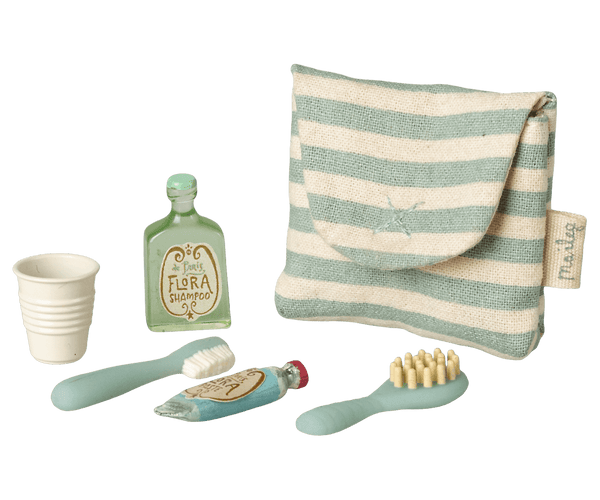 Maileg, Toothbrush Set in Bag, Mouse - Blue Stripe