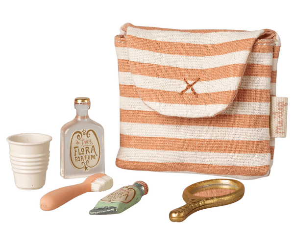 Maileg, Toothbrush Set in Bag, Mouse - Coral Stripe