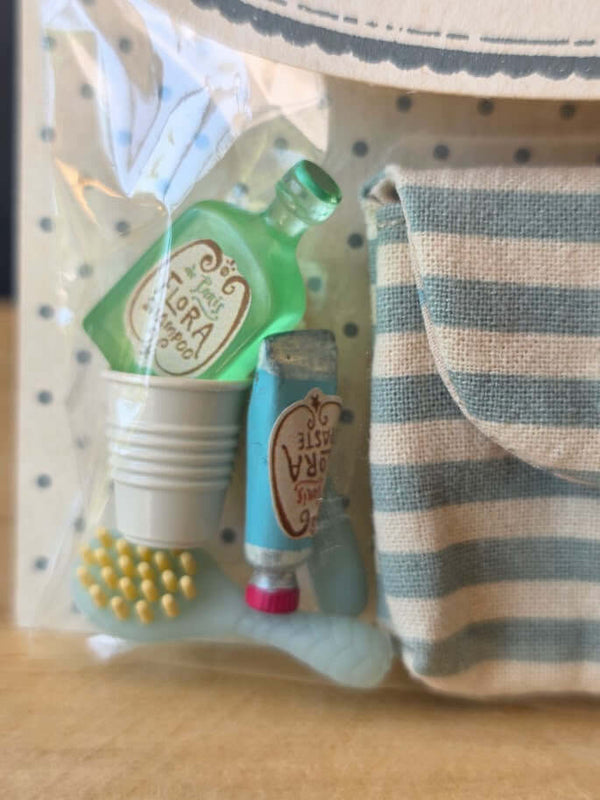 Maileg, Toothbrush Set in Bag, Mouse - Blue Stripe