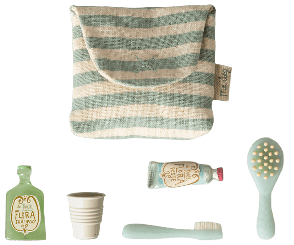 Maileg, Toothbrush Set in Bag, Mouse - Blue Stripe