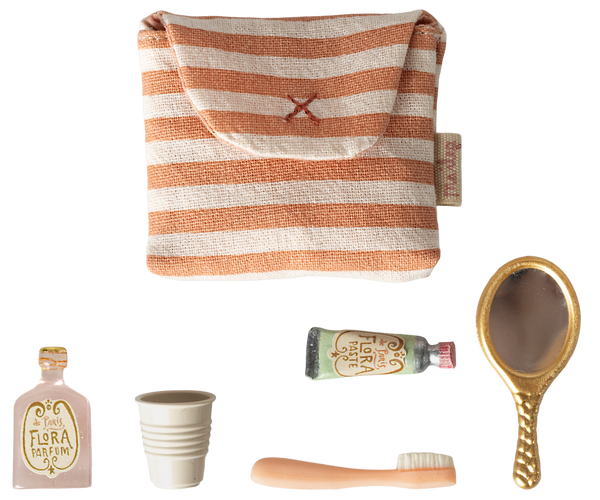 PRE-ORDER Maileg, Toothbrush Set in Bag, Mouse - Coral Stripe **Due April**