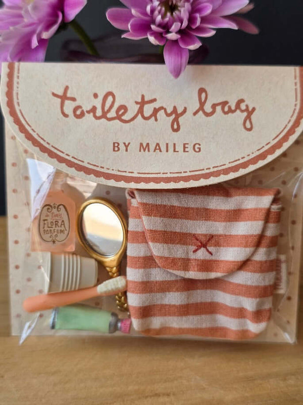 Maileg, Toothbrush Set in Bag, Mouse - Coral Stripe