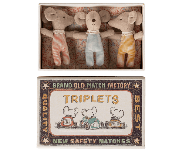 PRE-ORDER Maileg, Triplets, Baby Mice in Matchbox - Checker **Due June**