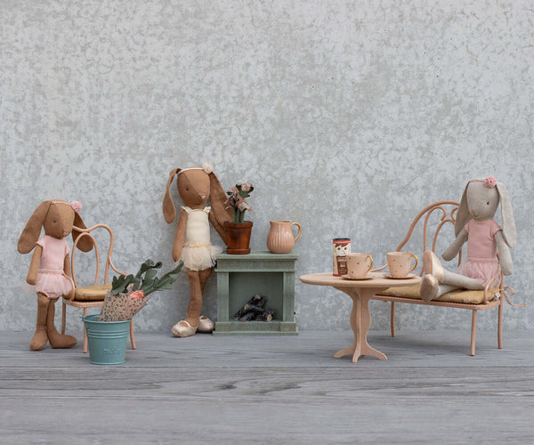 Maileg, Vintage Chair, Mini - Dark Powder with bunnies enjoying tea time in a cozy setting.