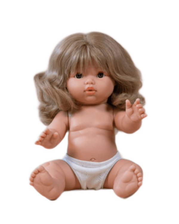 Mini Colettos doll with blonde hair, sitting in a diaper, designed for inclusive imaginative play.