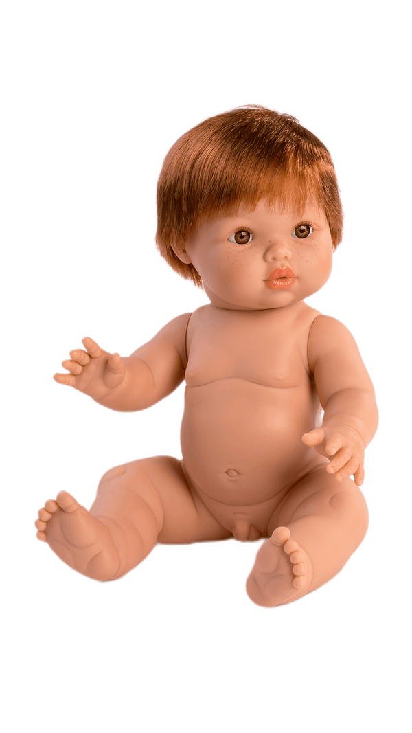 Mini Colettos, Jasper (Boy Doll with Brown Eyes & Red Hair) sitting in a playful pose with red hair and brown eyes.
