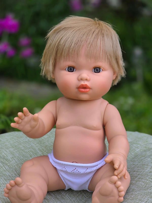 Mini Colettos, Oliver, Blonde Boy with Blue Eyes, 34cm doll with blue eyes and soft blonde hair.
