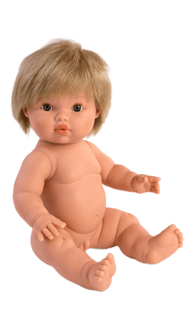 Mini Colettos, Oliver, Blonde Boy with Blue Eyes sitting doll with soft blonde hair and blue eyes.