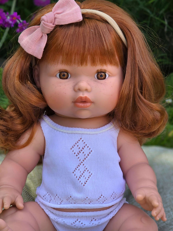 Mini Colettos, Sophia (Redhead Girl with Brown Eyes) 34cm doll with brown eyes and red hair, wearing a cute outfit.