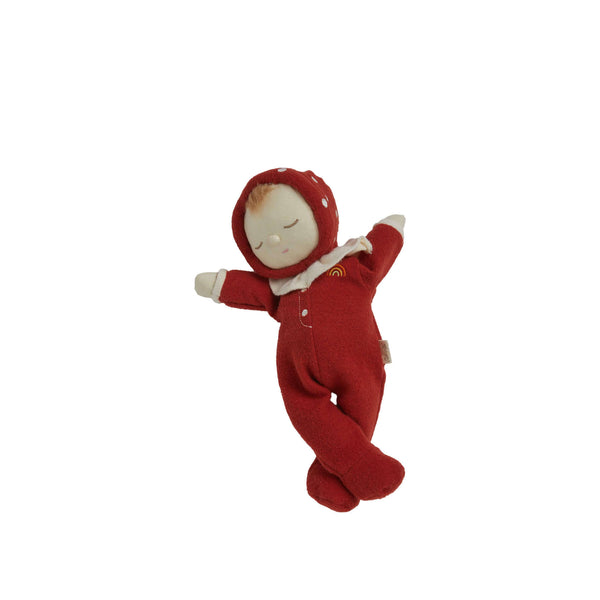 Olli Ella Dozy Dinkum Toadstool Moppet cozy red doll with mushroom hood, embroidered spots, and soft cotton suit.