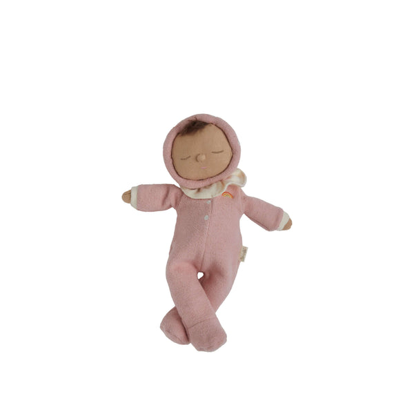 Olli Ella Dozy Dinkum Toadstool Pip doll in blushing pink, dressed with a mushroom-cap hood and ruffled collar.
