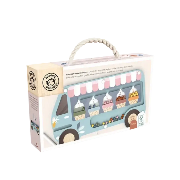 Speedy Monkey, Ice Cream Magnetic Maze toy packaging showcasing colorful ice cream cones and magnetic maze fun.