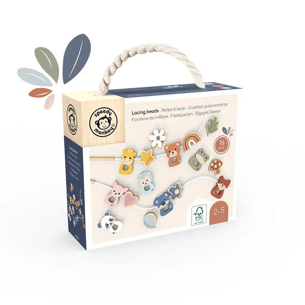 Speedy Monkey, Stringable Beads packaging featuring colorful animal-shaped lacing beads and carrying handle.