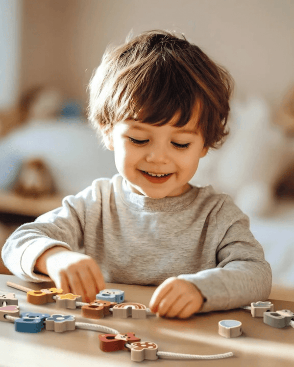 Happy child playing with Speedy Monkey, Stringable Beads and lacing strings, enjoying hands-on exploration.