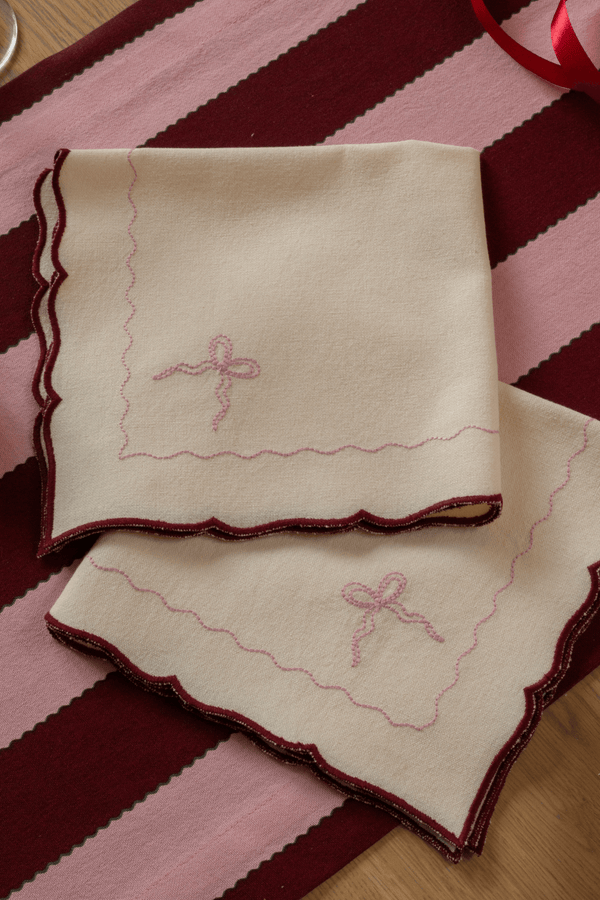 Avery Row, Embroidered Bow Napkins, Set of 2 - Burgundy
