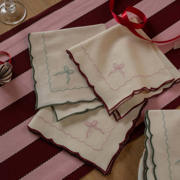 Avery Row, Embroidered Bow Napkins, Set of 2 - Burgundy