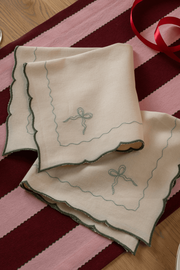 Avery Row, Embroidered Bow Napkins, Set of 2 - Dark Green