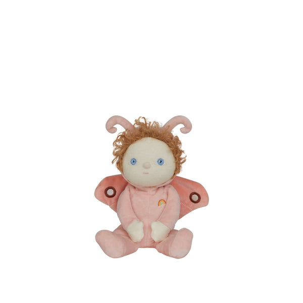 Olli Ella Millie Moth doll with ginger curls, peachy-pink suit, and butterfly wings, perfect for cuddles and playtime.