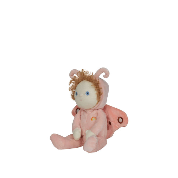 Olli Ella Millie Moth doll in peachy-pink suit with butterfly wings, perfect for cuddle-time and imagination.