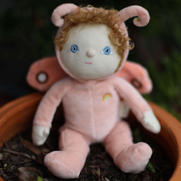 Olli Ella Dinky Dinkum Doll Millie Moth in peachy-pink suit with wings, perfect for cuddle-time.